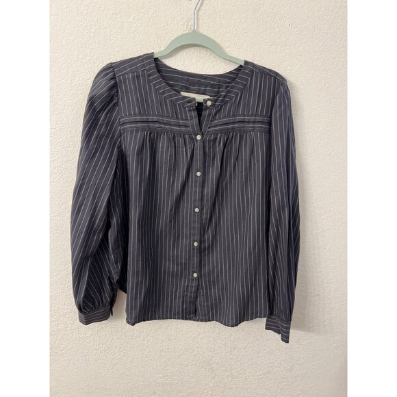 Loft Womens Pinstripe Button-Up Blouse Size M Gray & White 100% Cotton - Picture 1 of 5